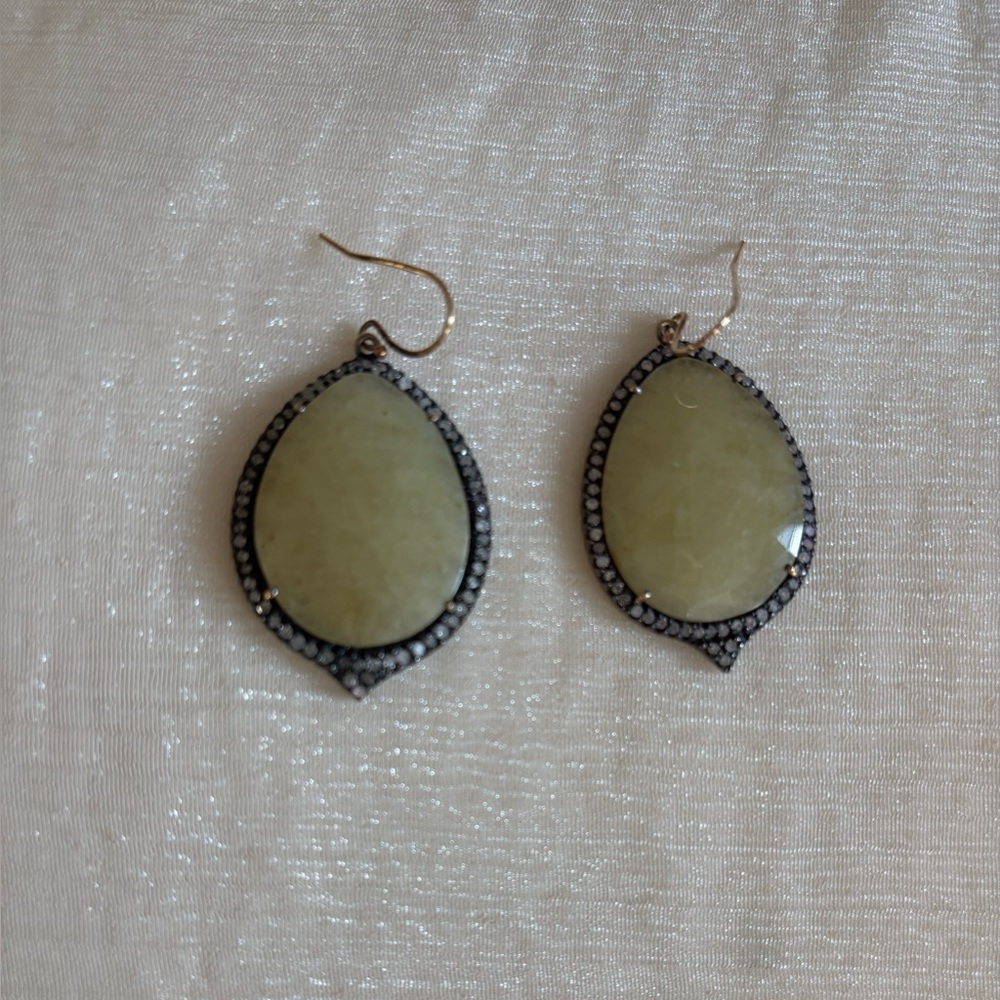 Elegant Teardrop Earrings with milky sapphire stone surrounded by brown diamonds